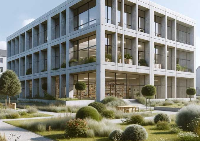 Beispiel: Rendering eines Bibliotheksgebäudes mit angrenzendem Park